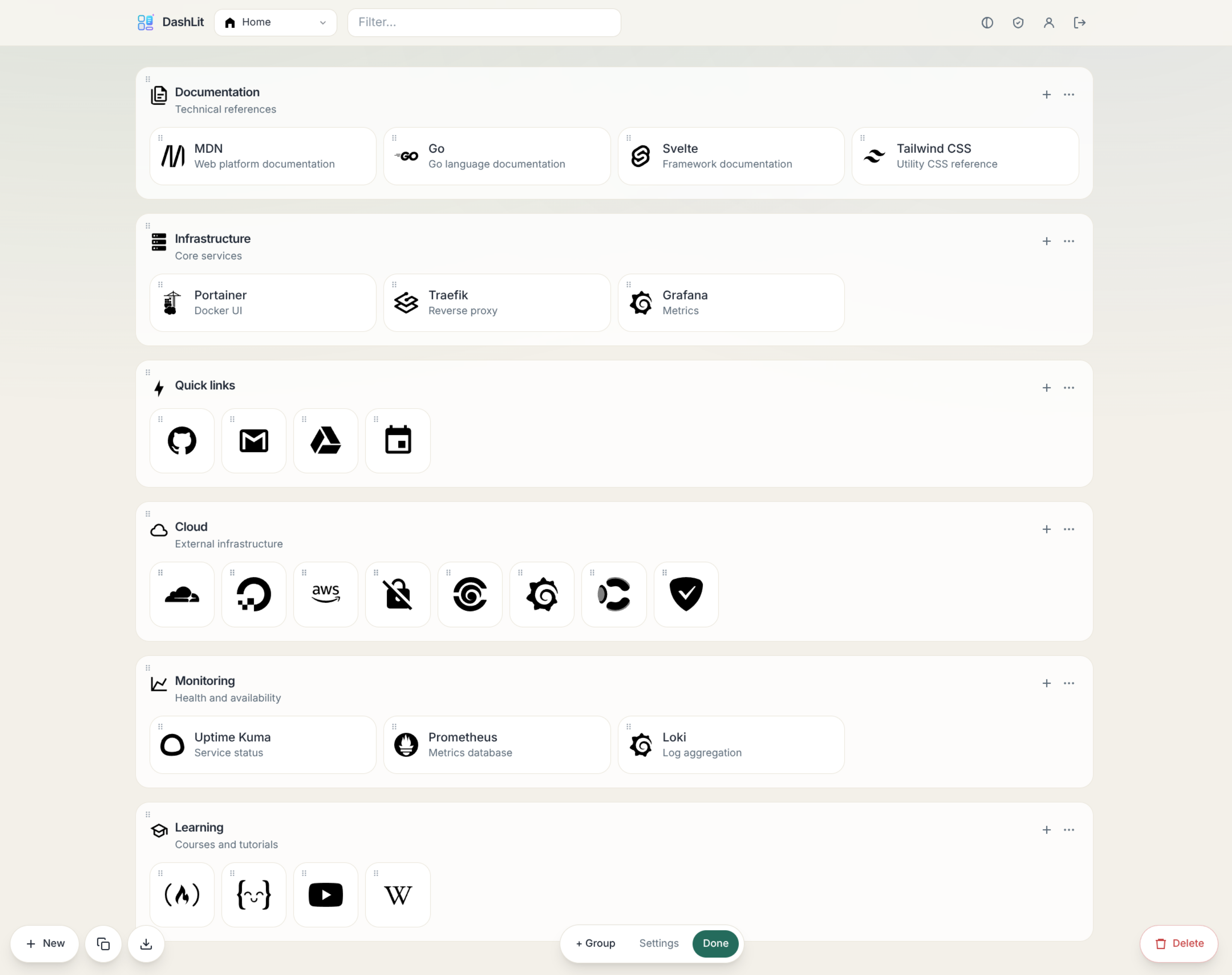 Dashboard editing with groups and item controls